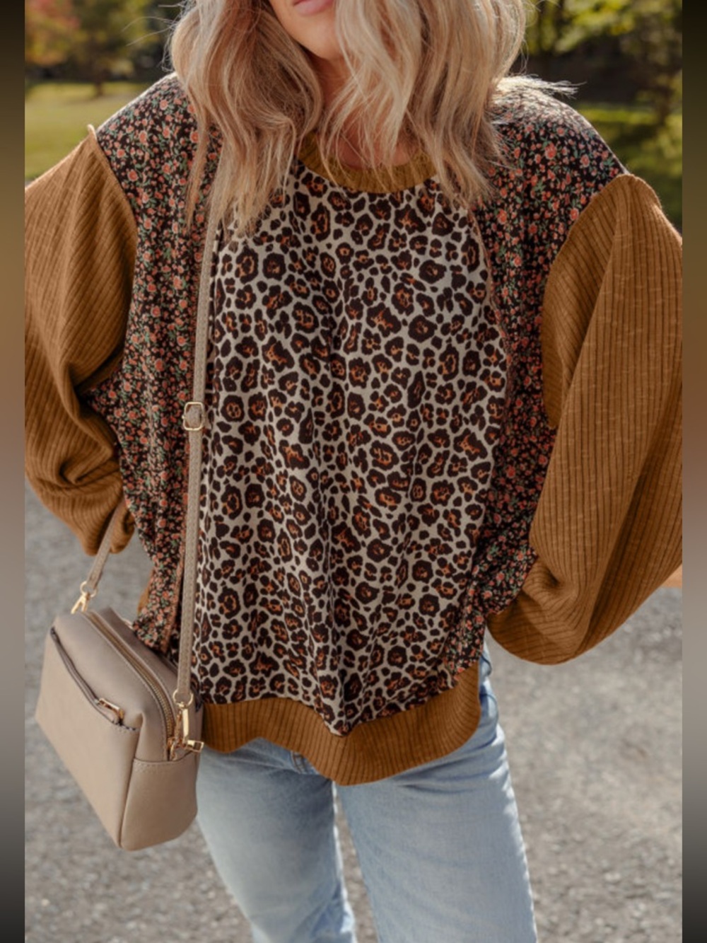 NWOT State Of Fashion XL Leopard & Floral Patchwork Pullover Top